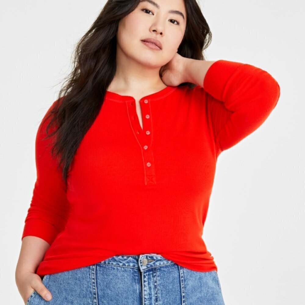 On 34th Plus Size Bright Orange Ribbed Long-Sleeve Henley Top NWT